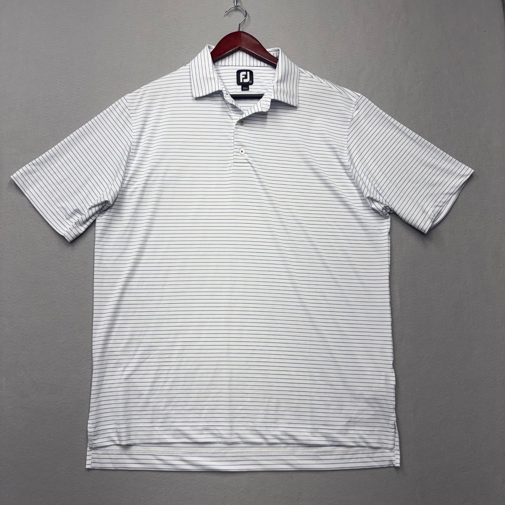 FootJoy Golf Polo Mens XL White Blue Striped Performance Short Sleeve Shirt